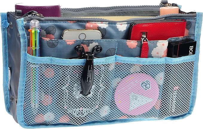 Vercord Purse Organizer Insert for Handbags Bag Organizers Inside Tote Pocketbook Women Nurse Nylon 13 Pockets Blue Flower Medium - Image 2