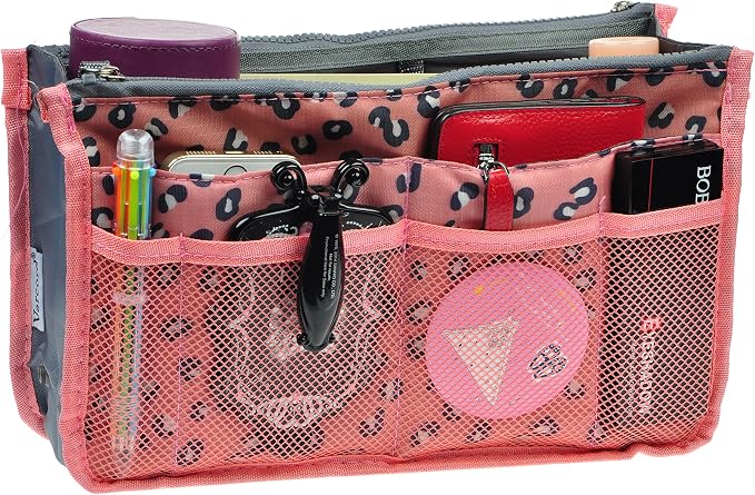 Vercord Purse Organizer Insert for Handbags Bag Organizers Inside Tote Pocketbook Women Nurse Nylon 13 Pockets Pink Leopard Medium by Vercord